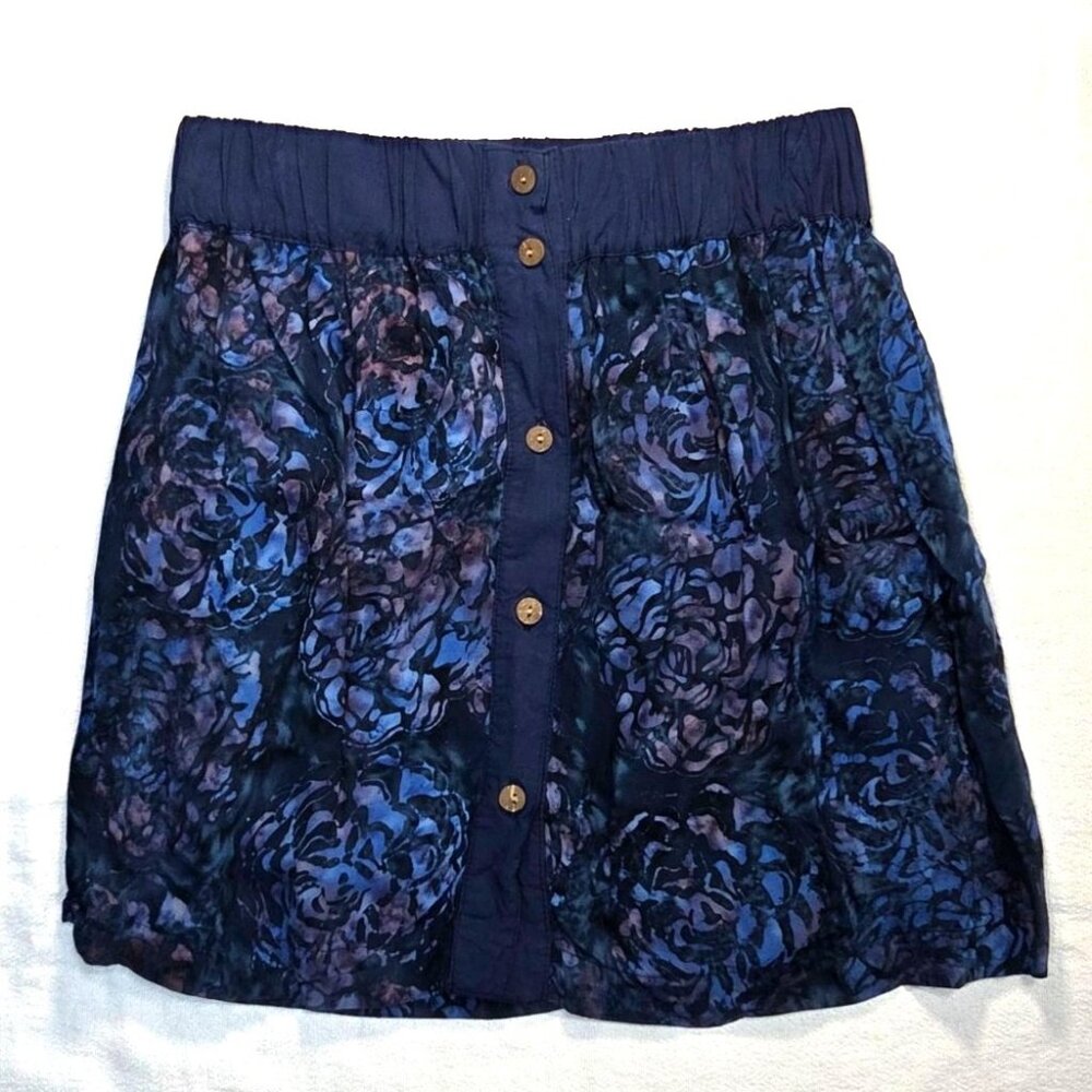 Go Fish Blue Watercolor Floral Preppy Button Front Rayon Skirt Womens Size Small